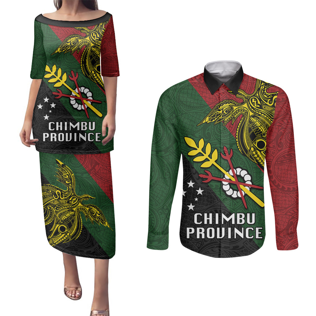 Papua New Guinea Chimbu Province Couples Matching Puletasi Dress and Long Sleeve Button Shirts PNG Birds Of Paradise Polynesian Arty Style LT03 Green - Polynesian Pride