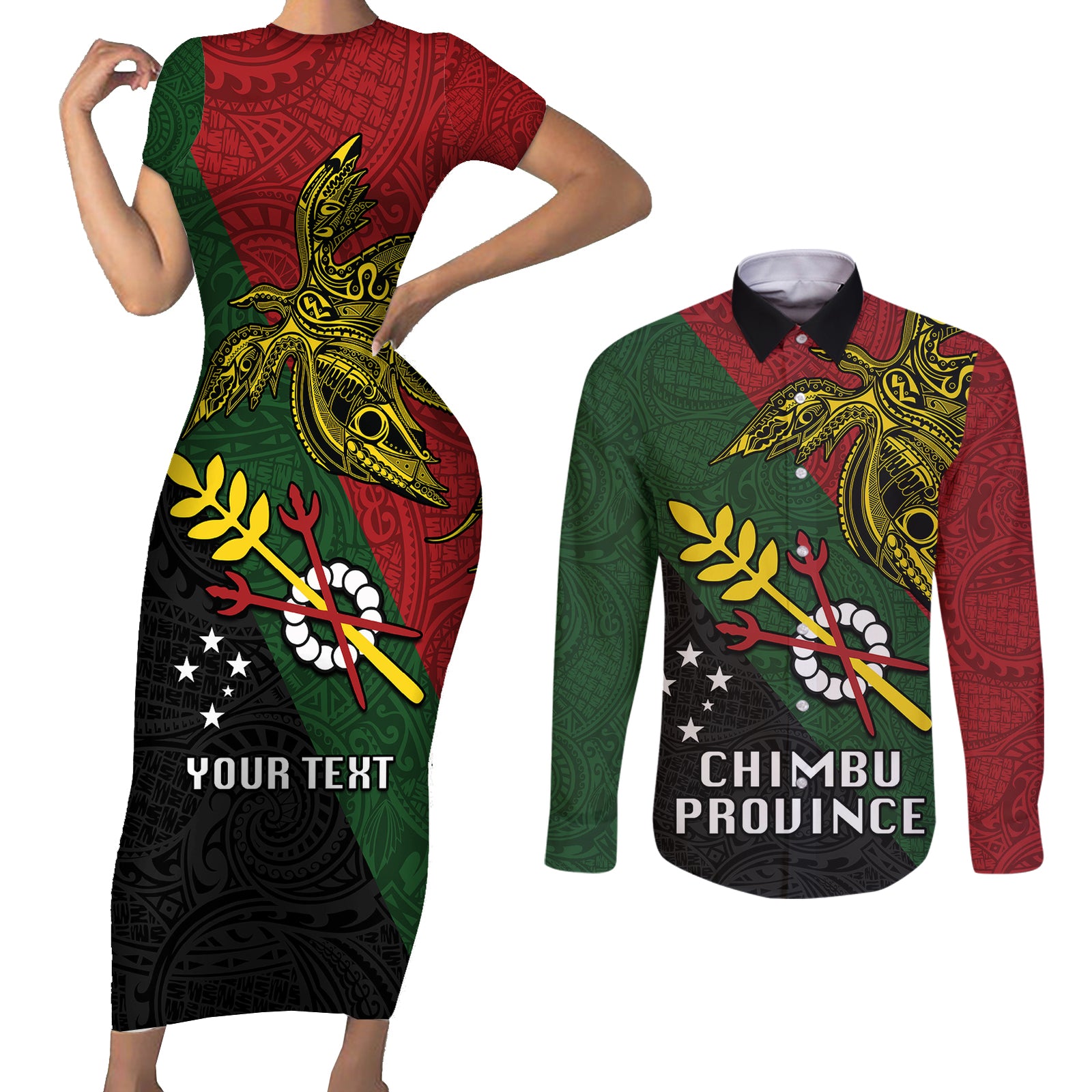 Custom Papua New Guinea Chimbu Province Couples Matching Short Sleeve Bodycon Dress and Long Sleeve Button Shirts PNG Birds Of Paradise Polynesian Arty Style LT03 Green - Polynesian Pride