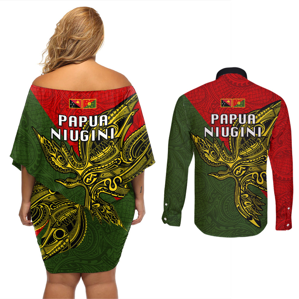 Papua New Guinea Eastern Highlands Province Couples Matching Off Shoulder Short Dress and Long Sleeve Button Shirts PNG Birds Of Paradise Polynesian Arty Style LT03 - Polynesian Pride