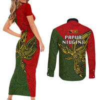 Papua New Guinea Eastern Highlands Province Couples Matching Short Sleeve Bodycon Dress and Long Sleeve Button Shirts PNG Birds Of Paradise Polynesian Arty Style LT03 - Polynesian Pride