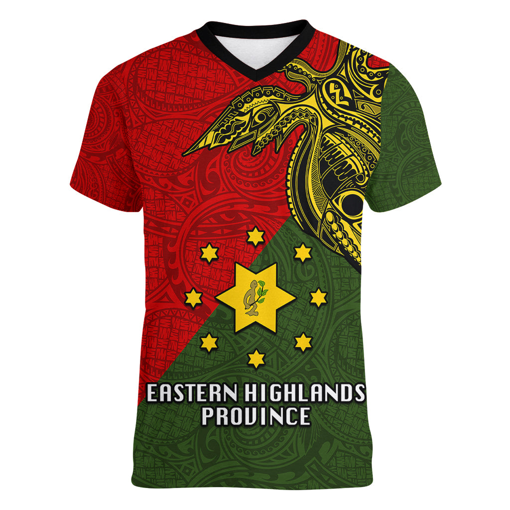 Papua New Guinea Eastern Highlands Province Women V Neck T Shirt PNG Birds Of Paradise Polynesian Arty Style LT03 Female Green - Polynesian Pride