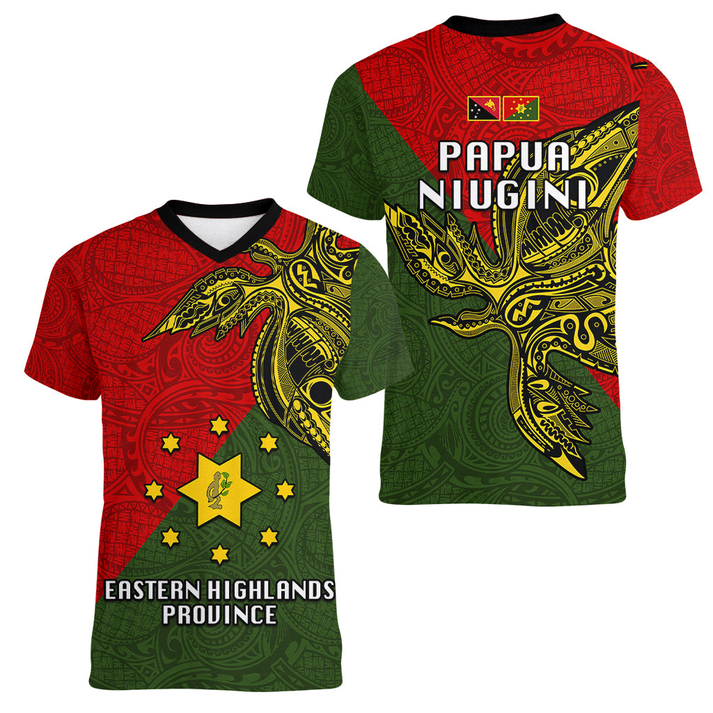 Papua New Guinea Eastern Highlands Province Women V Neck T Shirt PNG Birds Of Paradise Polynesian Arty Style LT03 - Polynesian Pride