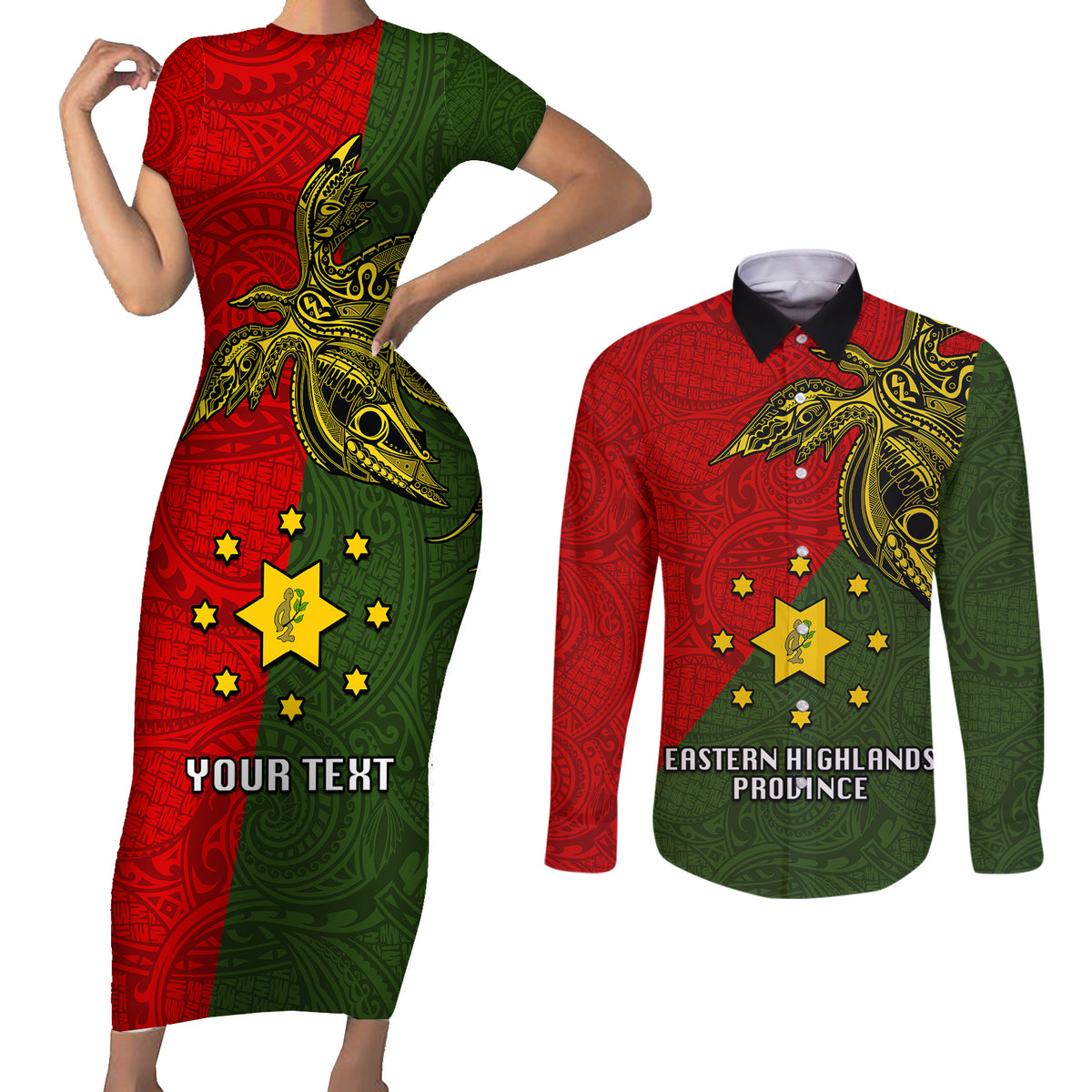 Custom Papua New Guinea Eastern Highlands Province Couples Matching Short Sleeve Bodycon Dress and Long Sleeve Button Shirts PNG Birds Of Paradise Polynesian Arty Style LT03 Green - Polynesian Pride