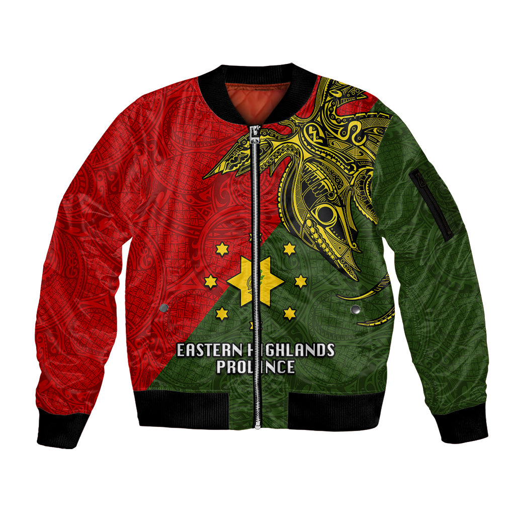 Custom Papua New Guinea Eastern Highlands Province Sleeve Zip Bomber Jacket PNG Birds Of Paradise Polynesian Arty Style LT03 Unisex Green - Polynesian Pride
