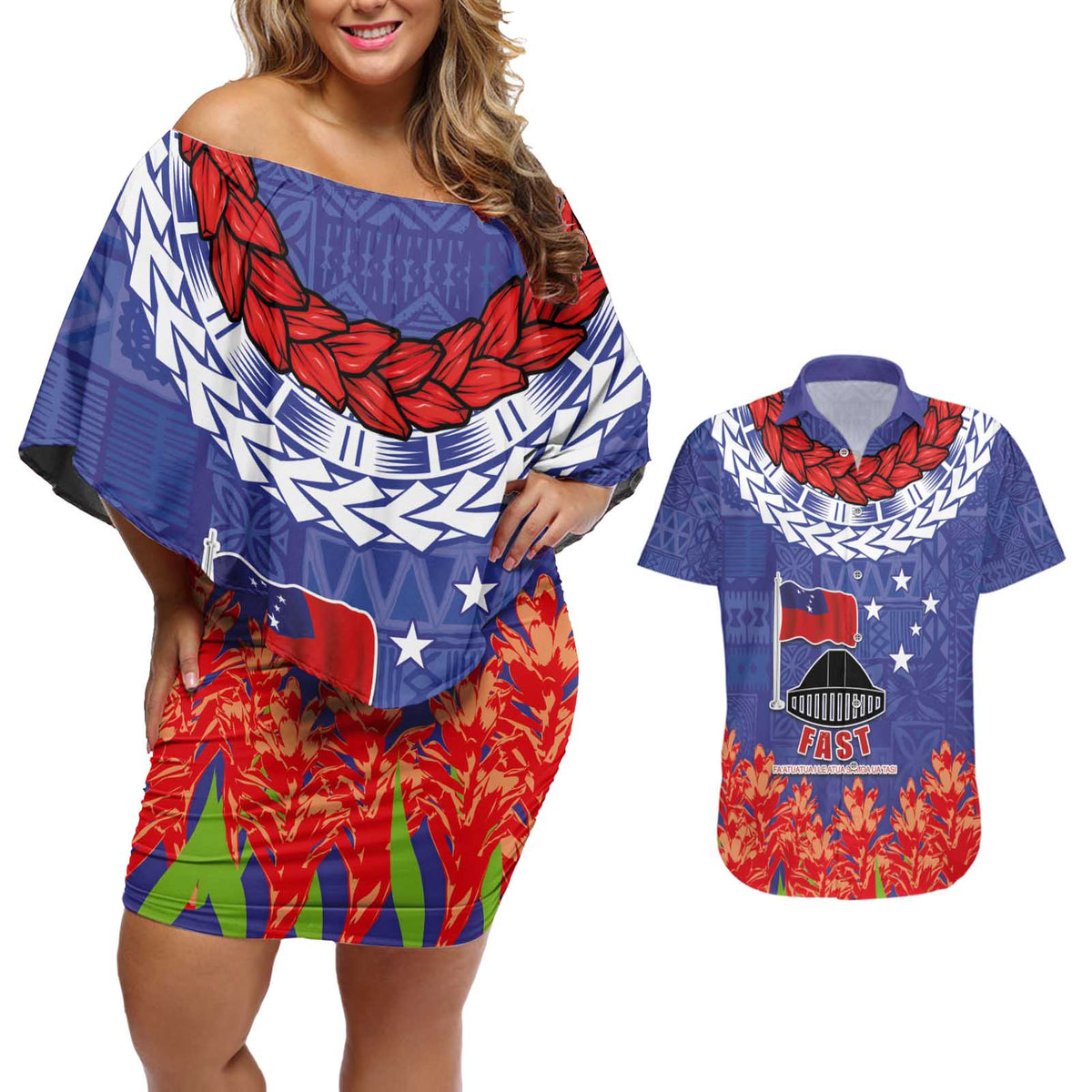 FAST Party Samoa Couples Matching Off Shoulder Short Dress and Hawaiian Shirt Ula Fala Teuila Polynesian Tapa Pattern LT03 Blue - Polynesian Pride
