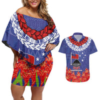 FAST Party Samoa Couples Matching Off Shoulder Short Dress and Hawaiian Shirt Ula Fala Teuila Polynesian Tapa Pattern LT03 Blue - Polynesian Pride