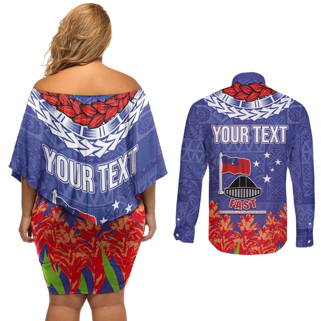 FAST Party Samoa Couples Matching Off Shoulder Short Dress and Long Sleeve Button Shirt Ula Fala Teuila Polynesian Tapa Pattern