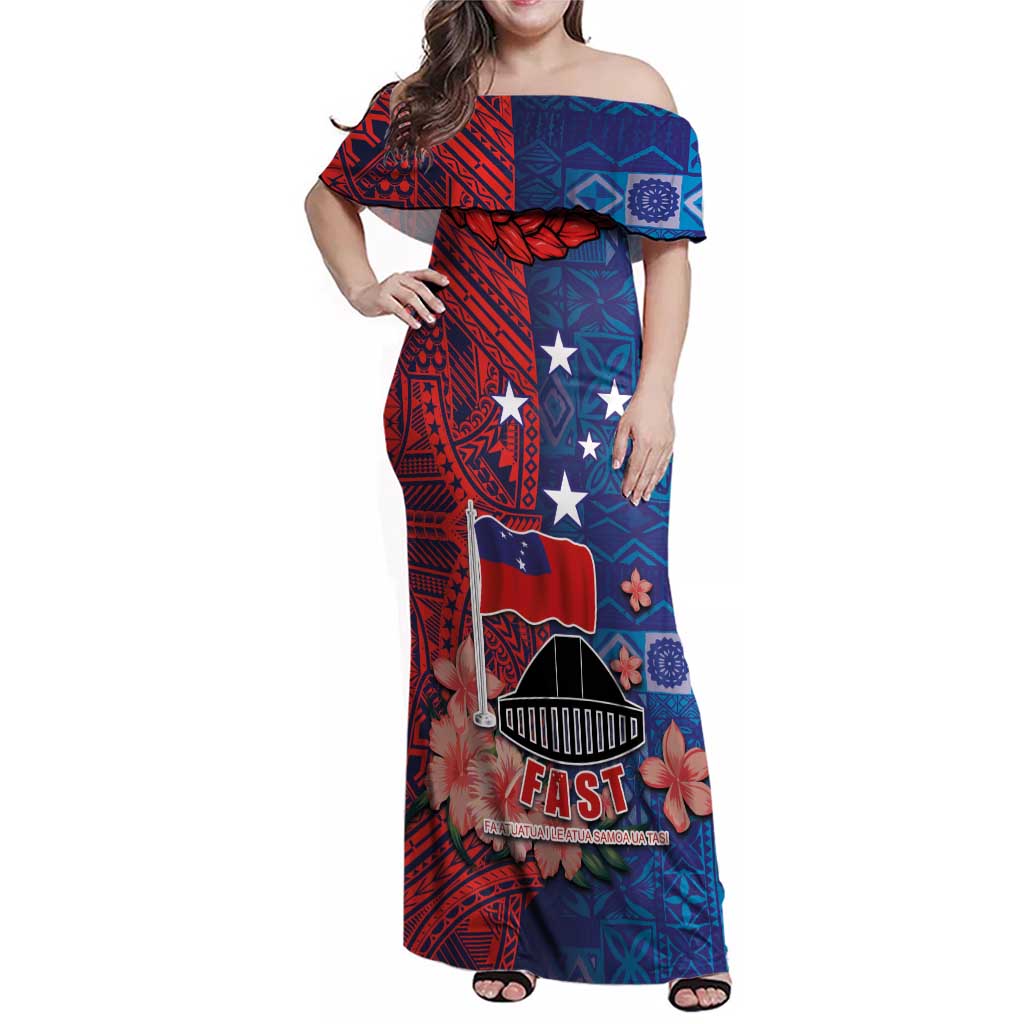 CHOGM FAST Samoa 2024 Family Matching Off Shoulder Maxi Dress and Hawaiian Shirt Samoan Tapa Tribal and Ornament Pattern with Hibiscus