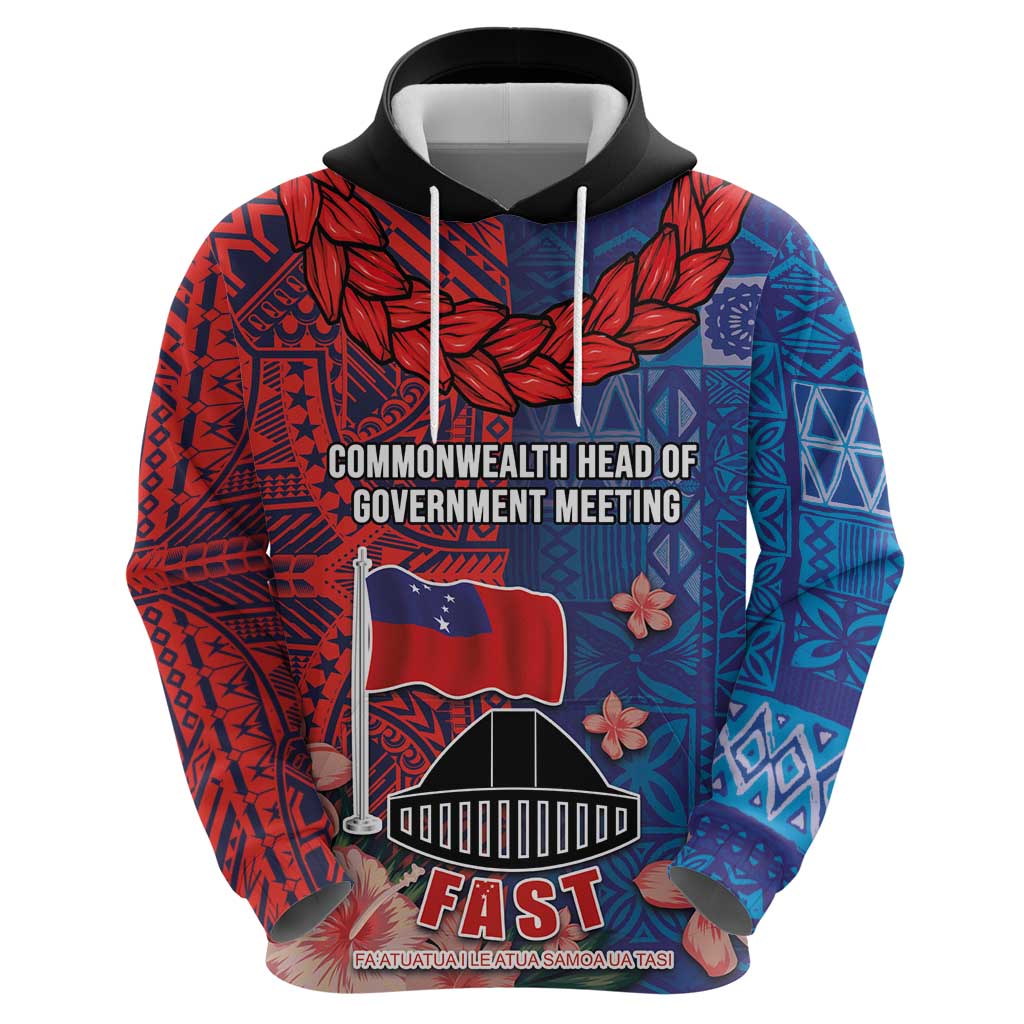 CHOGM FAST Samoa 2024 Zip Hoodie Samoan Tapa Tribal and Ornament Pattern with Hibiscus
