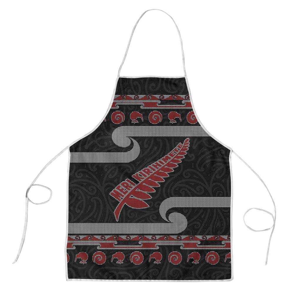 New Zealand Christmas Apron Meri Kirihimete Silver Fern Knit Style Red Color - Polynesian Pride
