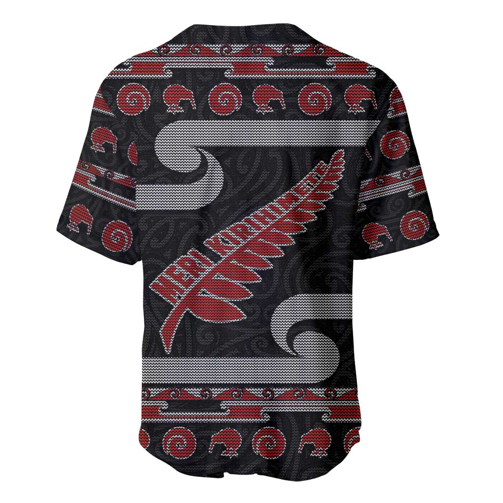 New Zealand Christmas Baseball Jersey Meri Kirihimete Silver Fern Knit Style Red Color - Polynesian Pride