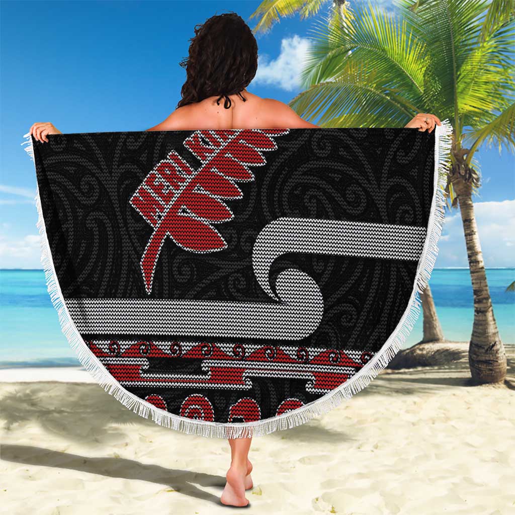 New Zealand Christmas Beach Blanket Meri Kirihimete Silver Fern Knit Style Red Color - Polynesian Pride