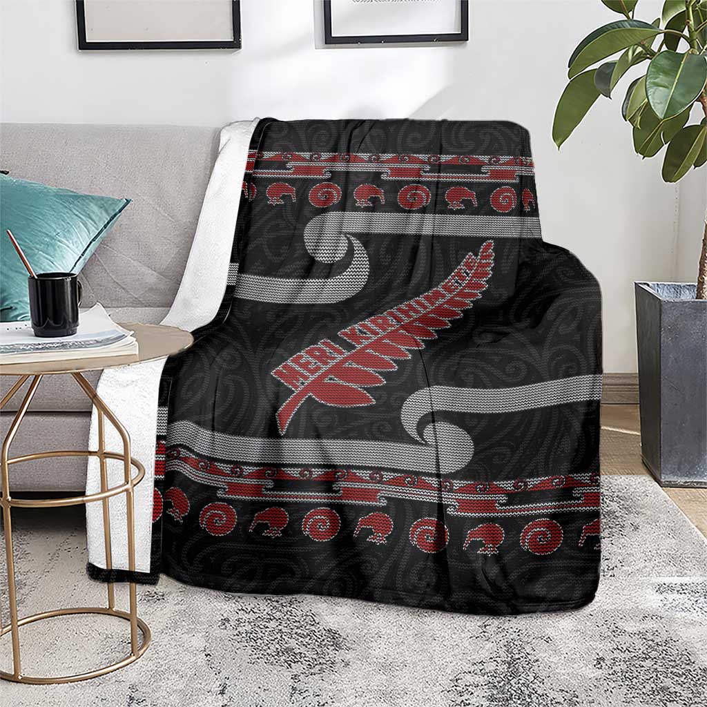New Zealand Christmas Blanket Meri Kirihimete Silver Fern Knit Style Red Color - Polynesian Pride