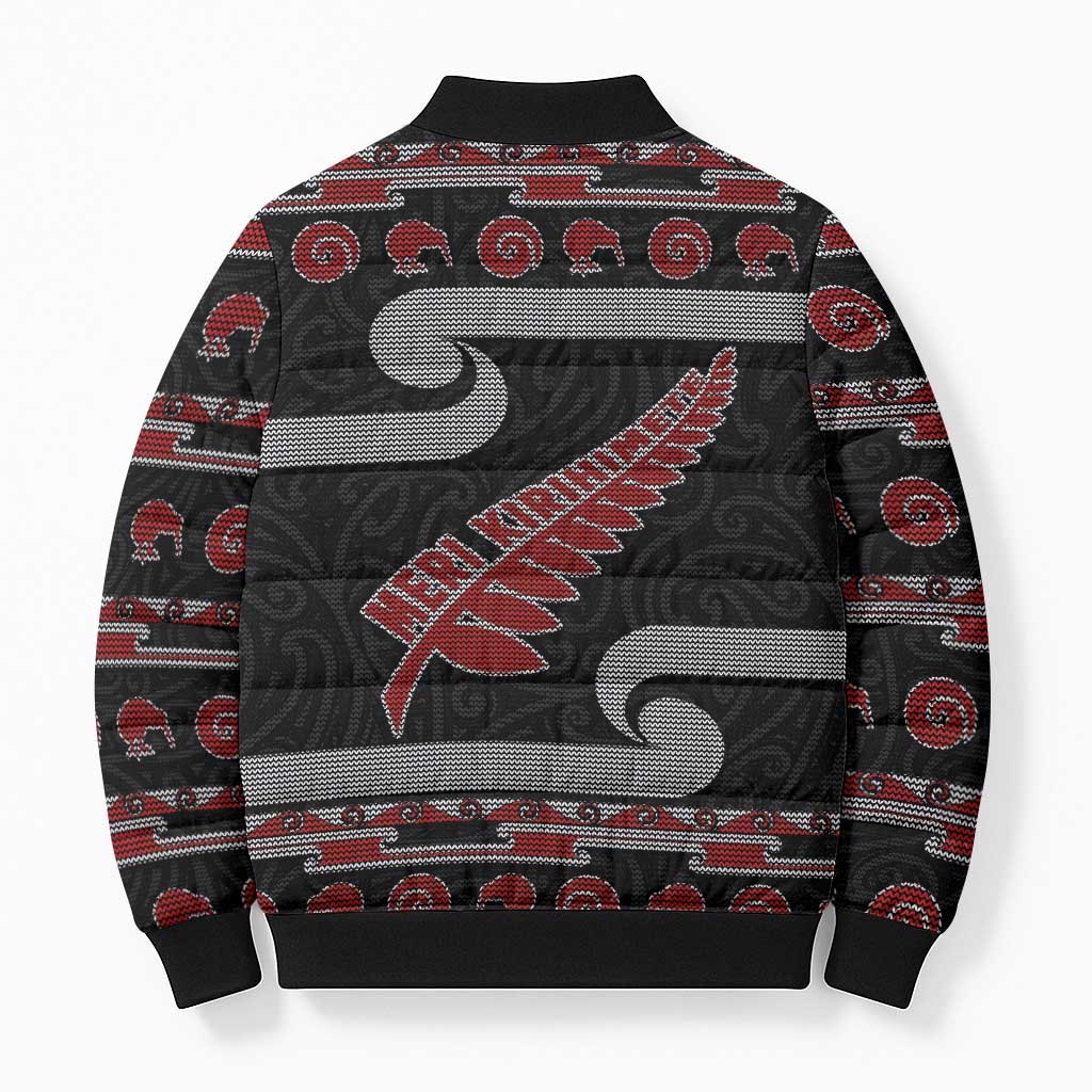 New Zealand Christmas Bomber Puffer Jacket Meri Kirihimete Silver Fern Knit Style Red Color - Polynesian Pride