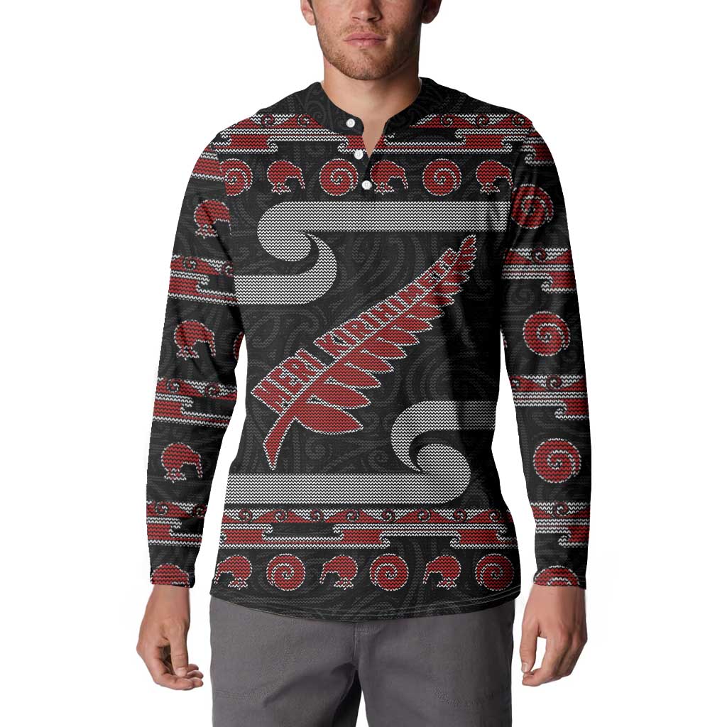 New Zealand Christmas Button Sweatshirt Meri Kirihimete Silver Fern Knit Style Red Color - Polynesian Pride