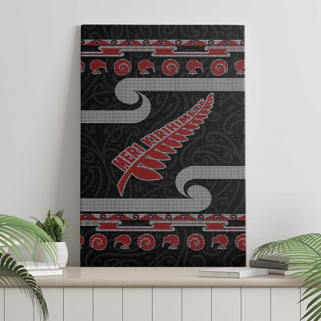 New Zealand Christmas Canvas Wall Art Meri Kirihimete Silver Fern Knit Style Red Color - Polynesian Pride