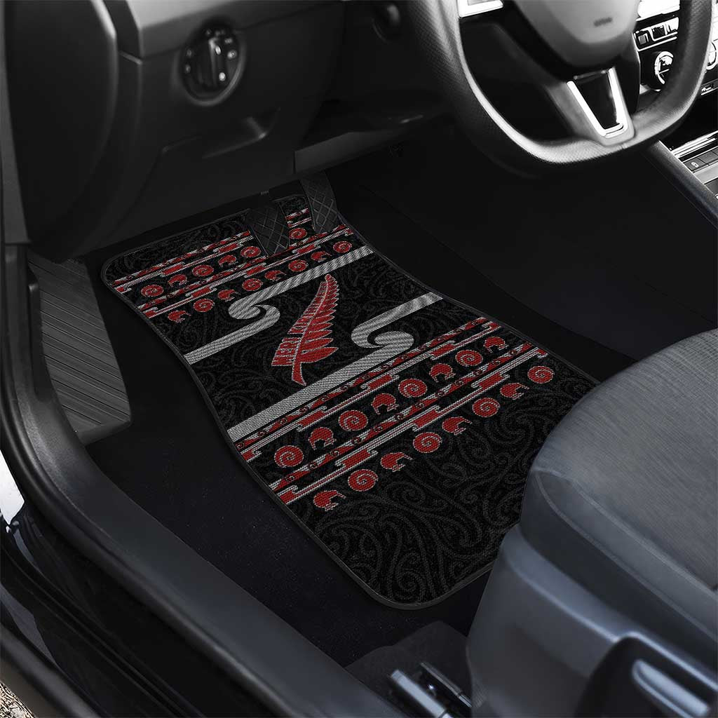 New Zealand Christmas Car Mats Meri Kirihimete Silver Fern Knit Style Red Color - Polynesian Pride