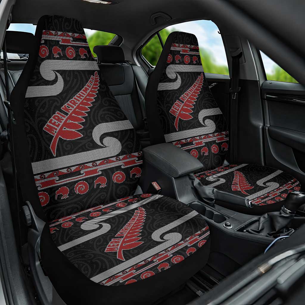New Zealand Christmas Car Seat Cover Meri Kirihimete Silver Fern Knit Style Red Color - Polynesian Pride