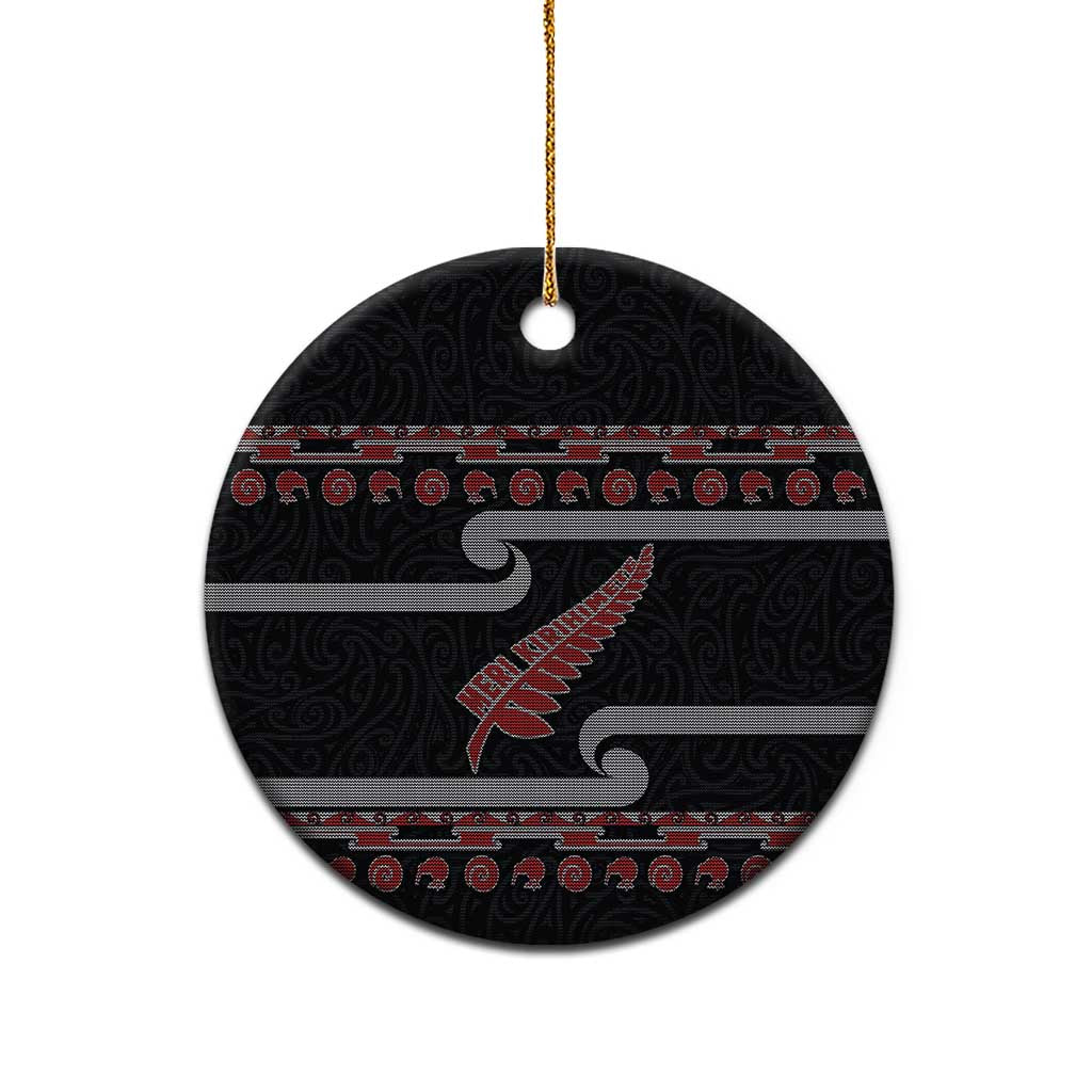 New Zealand Christmas Ceramic Ornament Meri Kirihimete Silver Fern Knit Style Red Color - Polynesian Pride
