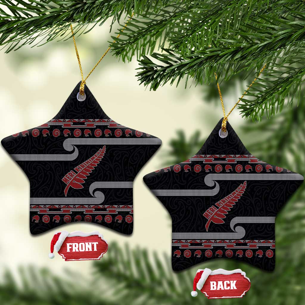 New Zealand Christmas Ceramic Ornament Meri Kirihimete Silver Fern Knit Style Red Color - Polynesian Pride