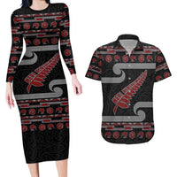 New Zealand Christmas Couples Matching Long Sleeve Bodycon Dress and Hawaiian Shirt Meri Kirihimete Silver Fern Knit Style Red Color - Polynesian Pride