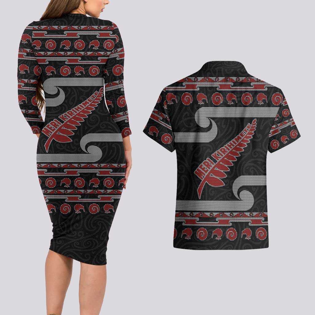 New Zealand Christmas Couples Matching Long Sleeve Bodycon Dress and Hawaiian Shirt Meri Kirihimete Silver Fern Knit Style Red Color - Polynesian Pride