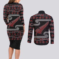 New Zealand Christmas Couples Matching Long Sleeve Bodycon Dress and Long Sleeve Button Shirt Meri Kirihimete Silver Fern Knit Style Red Color - Polynesian Pride