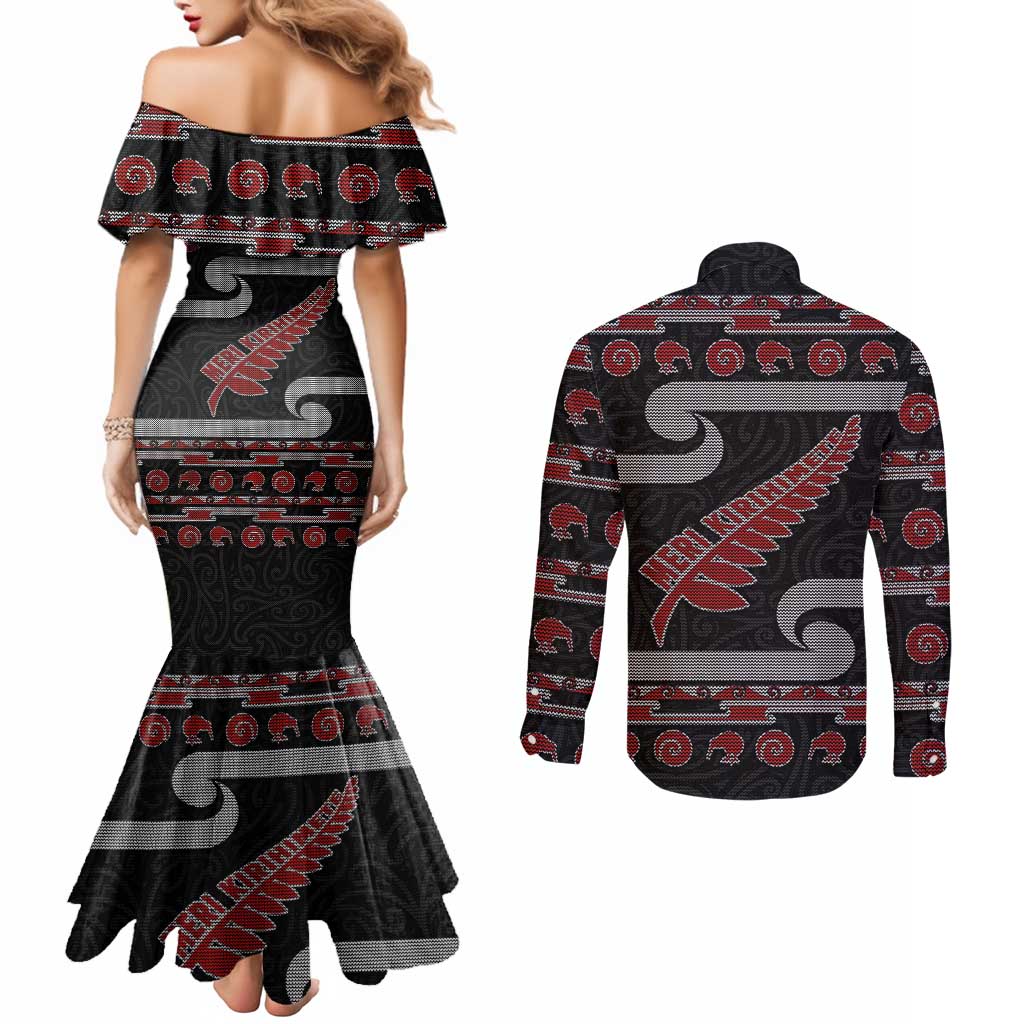 New Zealand Christmas Couples Matching Mermaid Dress and Long Sleeve Button Shirt Meri Kirihimete Silver Fern Knit Style Red Color - Polynesian Pride