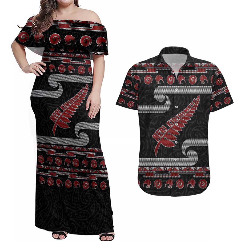 New Zealand Christmas Couples Matching Off Shoulder Maxi Dress and Hawaiian Shirt Meri Kirihimete Silver Fern Knit Style Red Color - Polynesian Pride