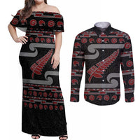 New Zealand Christmas Couples Matching Off Shoulder Maxi Dress and Long Sleeve Button Shirt Meri Kirihimete Silver Fern Knit Style Red Color - Polynesian Pride