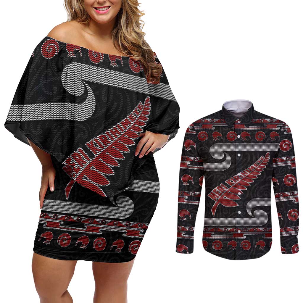 New Zealand Christmas Couples Matching Off Shoulder Short Dress and Long Sleeve Button Shirt Meri Kirihimete Silver Fern Knit Style Red Color - Polynesian Pride