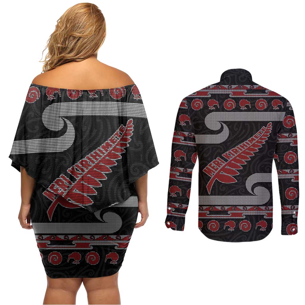 New Zealand Christmas Couples Matching Off Shoulder Short Dress and Long Sleeve Button Shirt Meri Kirihimete Silver Fern Knit Style Red Color - Polynesian Pride