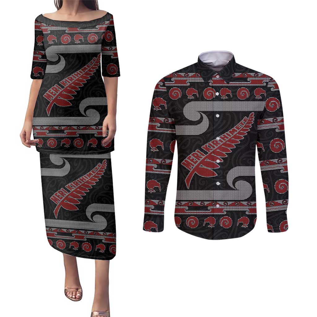 New Zealand Christmas Couples Matching Puletasi and Long Sleeve Button Shirt Meri Kirihimete Silver Fern Knit Style Red Color - Polynesian Pride