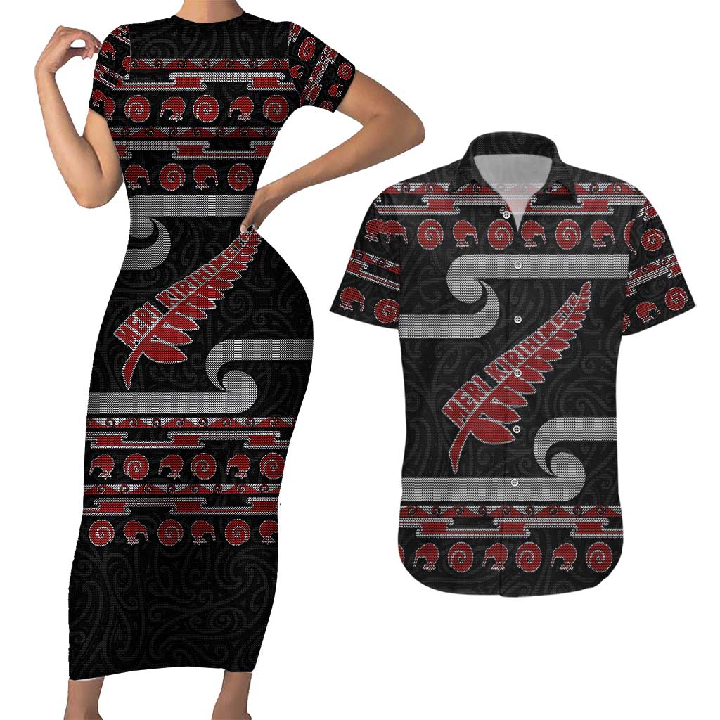 New Zealand Christmas Couples Matching Short Sleeve Bodycon Dress and Hawaiian Shirt Meri Kirihimete Silver Fern Knit Style Red Color - Polynesian Pride