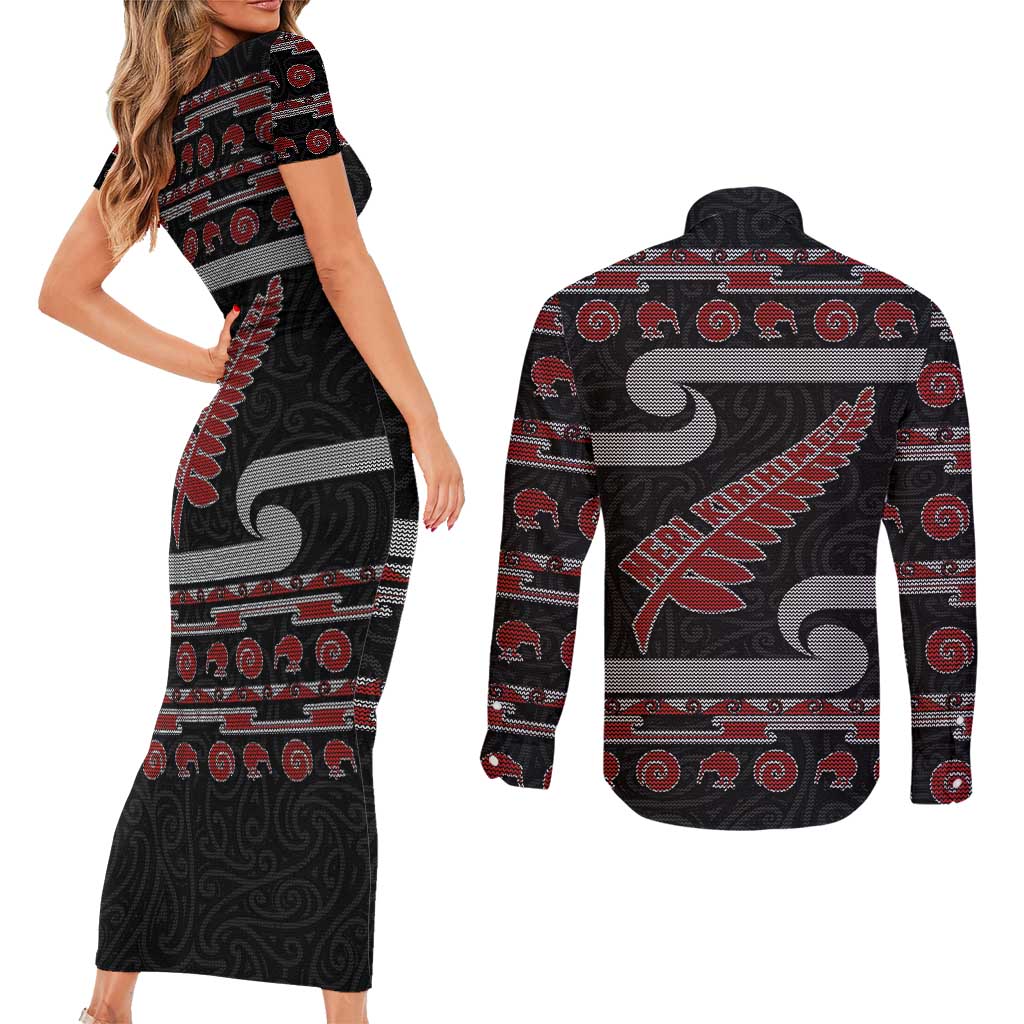 New Zealand Christmas Couples Matching Short Sleeve Bodycon Dress and Long Sleeve Button Shirt Meri Kirihimete Silver Fern Knit Style Red Color - Polynesian Pride