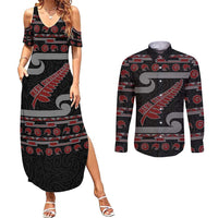 New Zealand Christmas Couples Matching Summer Maxi Dress and Long Sleeve Button Shirt Meri Kirihimete Silver Fern Knit Style Red Color - Polynesian Pride