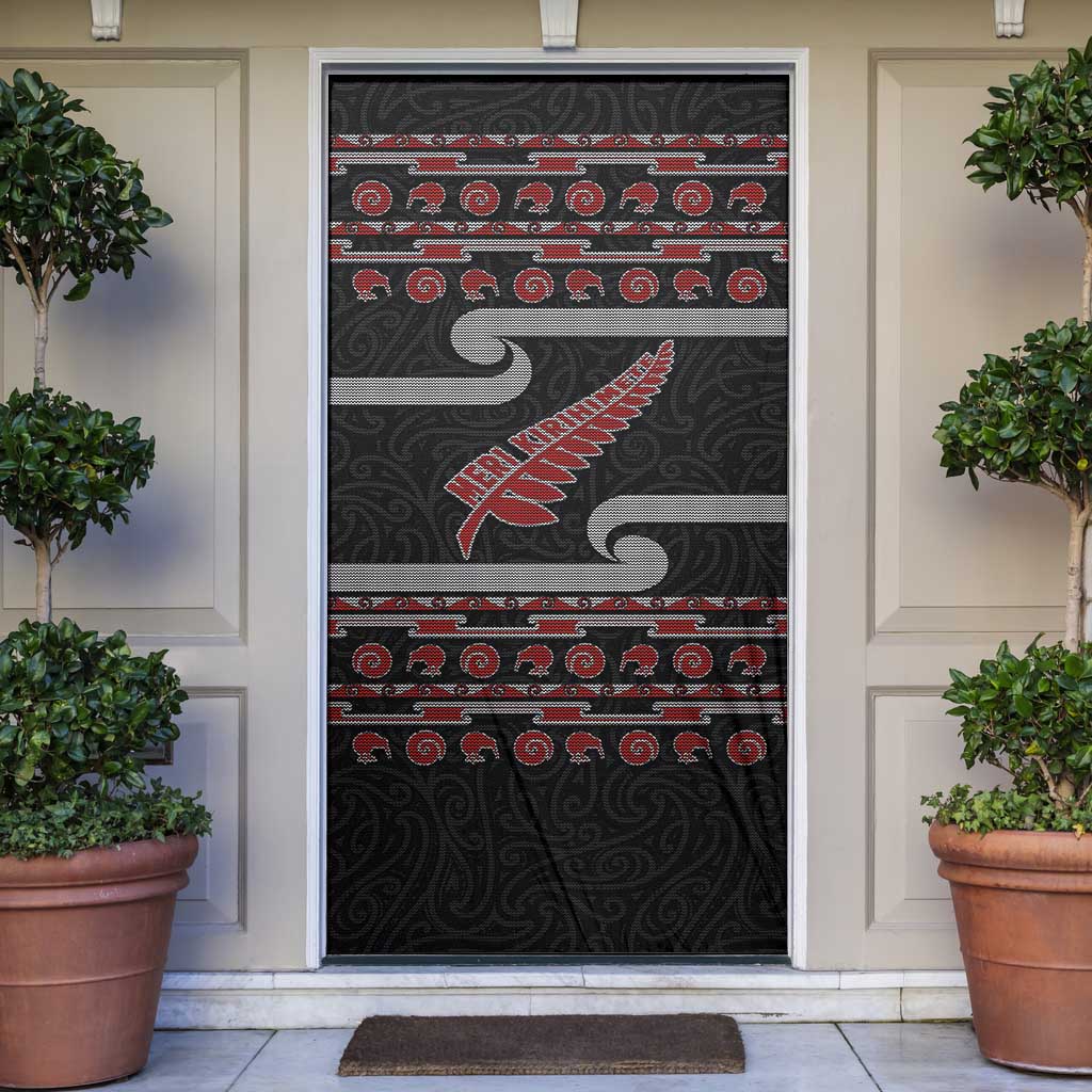 New Zealand Christmas Door Cover Meri Kirihimete Silver Fern Knit Style Red Color - Polynesian Pride