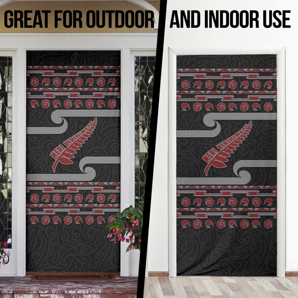 New Zealand Christmas Door Cover Meri Kirihimete Silver Fern Knit Style Red Color - Polynesian Pride
