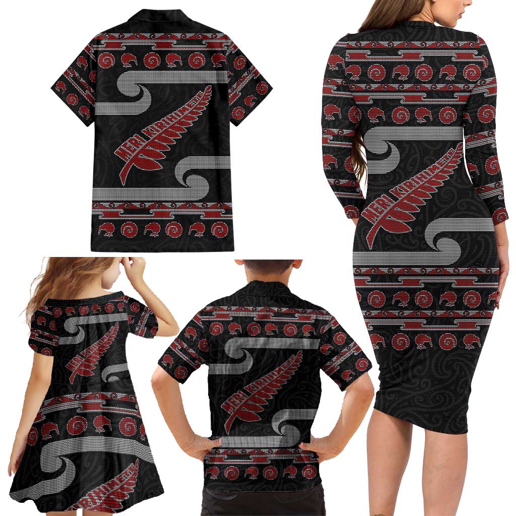 New Zealand Christmas Family Matching Long Sleeve Bodycon Dress and Hawaiian Shirt Meri Kirihimete Silver Fern Knit Style Red Color - Polynesian Pride
