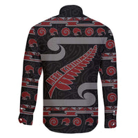 New Zealand Christmas Family Matching Long Sleeve Bodycon Dress and Hawaiian Shirt Meri Kirihimete Silver Fern Knit Style Red Color - Polynesian Pride