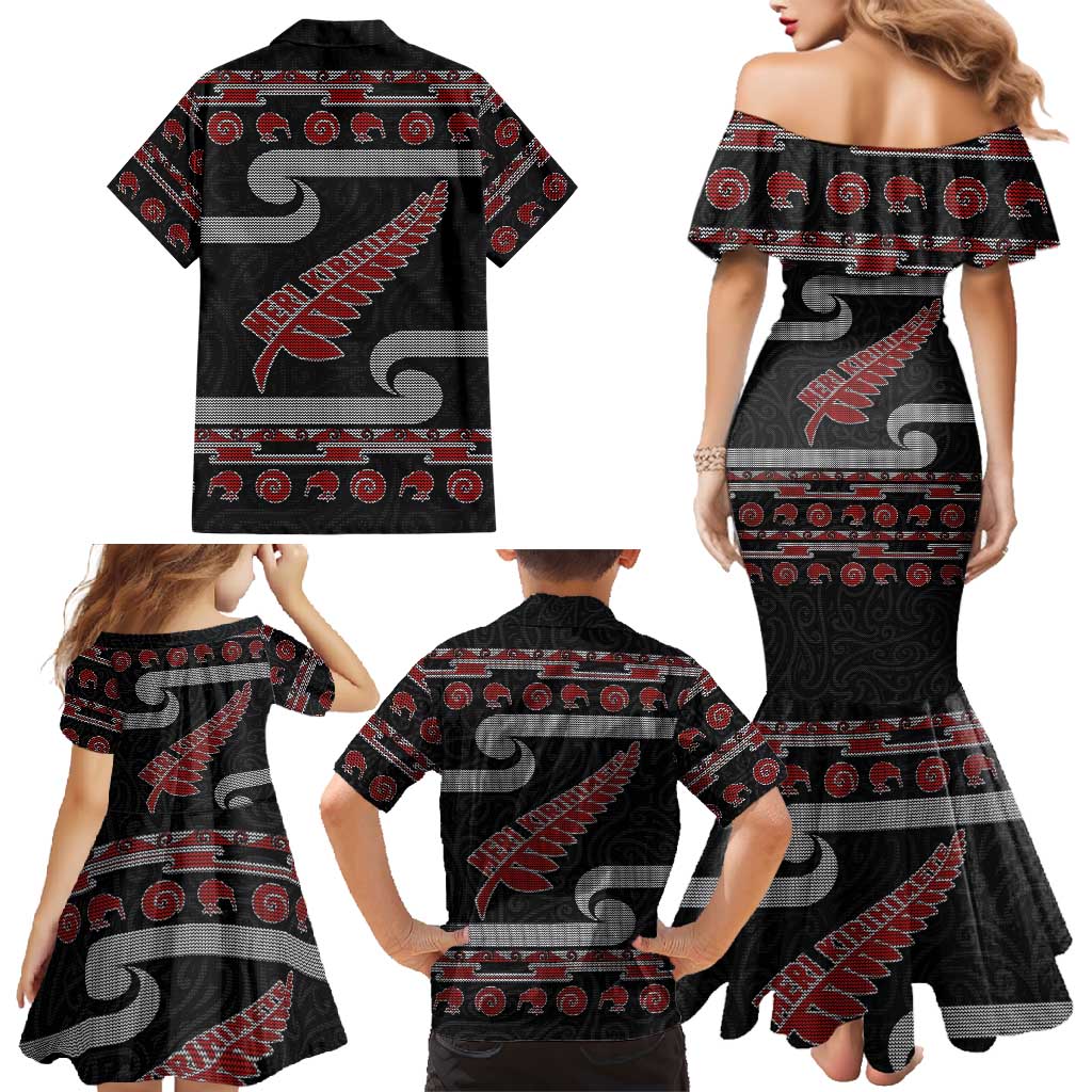 New Zealand Christmas Family Matching Mermaid Dress and Hawaiian Shirt Meri Kirihimete Silver Fern Knit Style Red Color - Polynesian Pride