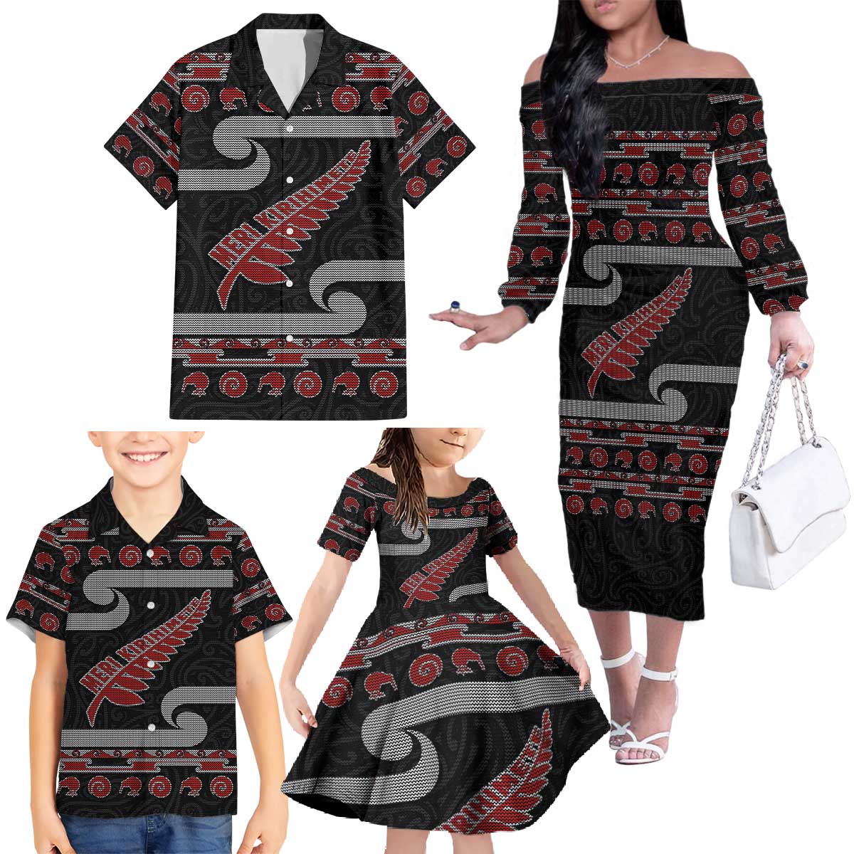 New Zealand Christmas Family Matching Off The Shoulder Long Sleeve Dress and Hawaiian Shirt Meri Kirihimete Silver Fern Knit Style Red Color - Polynesian Pride