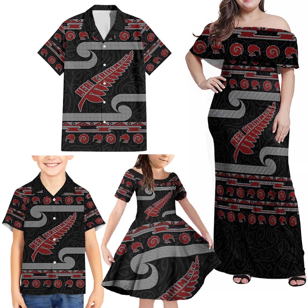 New Zealand Christmas Family Matching Off Shoulder Maxi Dress and Hawaiian Shirt Meri Kirihimete Silver Fern Knit Style Red Color - Polynesian Pride