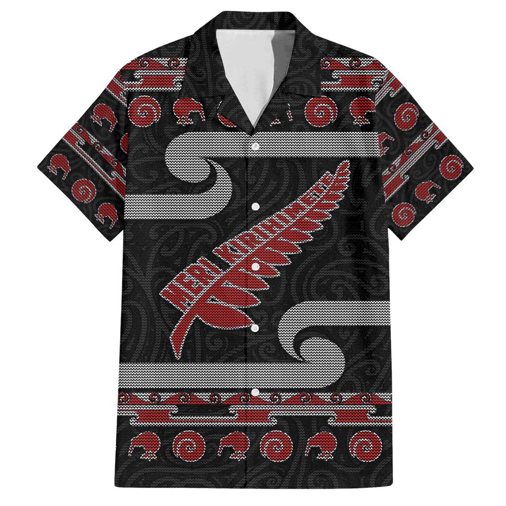 New Zealand Christmas Family Matching Off Shoulder Maxi Dress and Hawaiian Shirt Meri Kirihimete Silver Fern Knit Style Red Color - Polynesian Pride