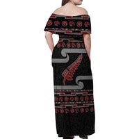 New Zealand Christmas Family Matching Off Shoulder Maxi Dress and Hawaiian Shirt Meri Kirihimete Silver Fern Knit Style Red Color - Polynesian Pride