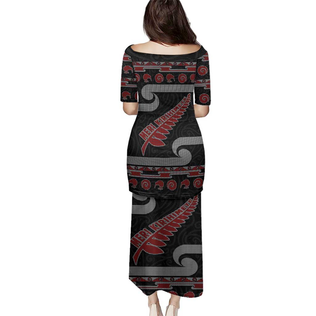 New Zealand Christmas Family Matching Puletasi and Hawaiian Shirt Meri Kirihimete Silver Fern Knit Style Red Color - Polynesian Pride