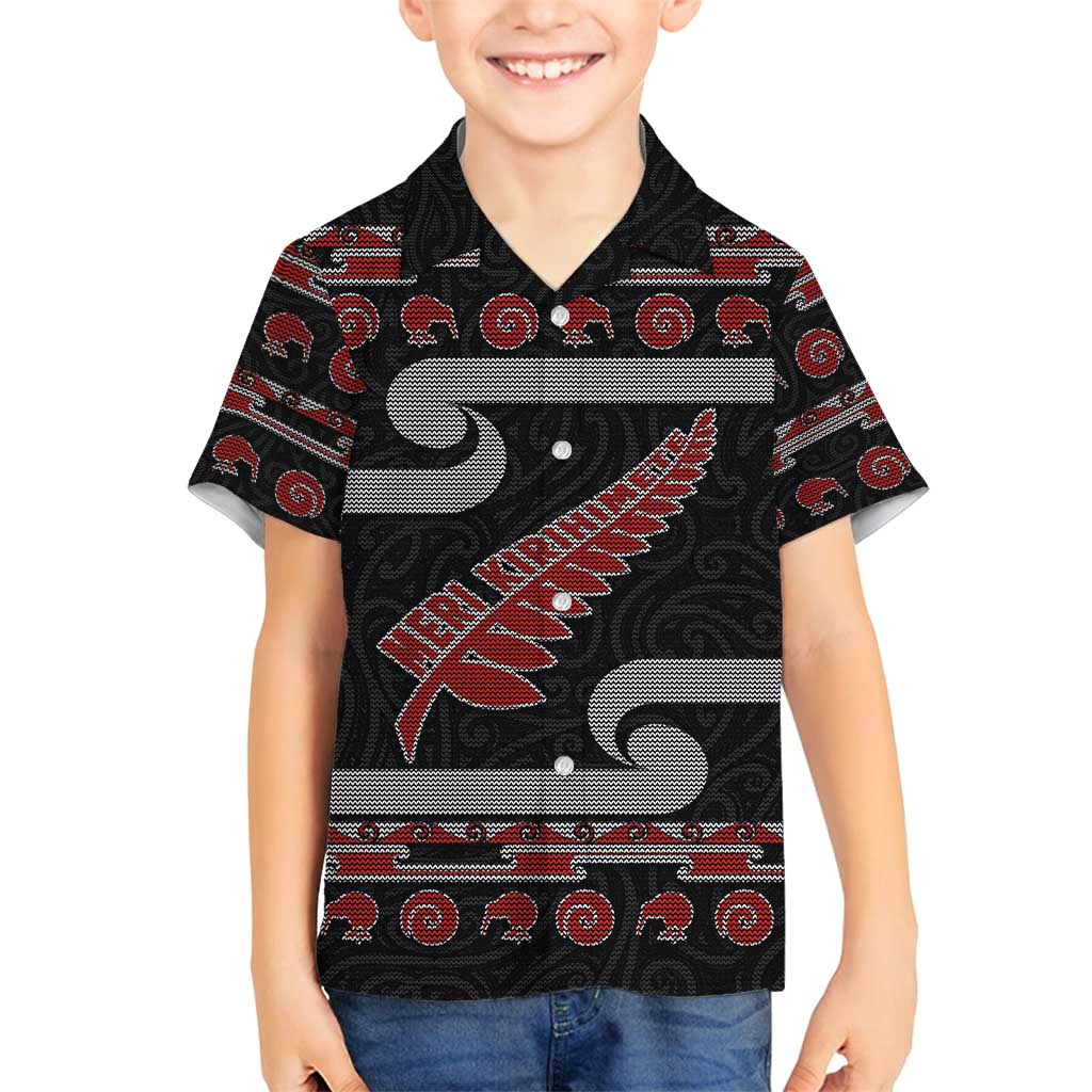 New Zealand Christmas Family Matching Puletasi and Hawaiian Shirt Meri Kirihimete Silver Fern Knit Style Red Color - Polynesian Pride