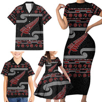 New Zealand Christmas Family Matching Short Sleeve Bodycon Dress and Hawaiian Shirt Meri Kirihimete Silver Fern Knit Style Red Color - Polynesian Pride