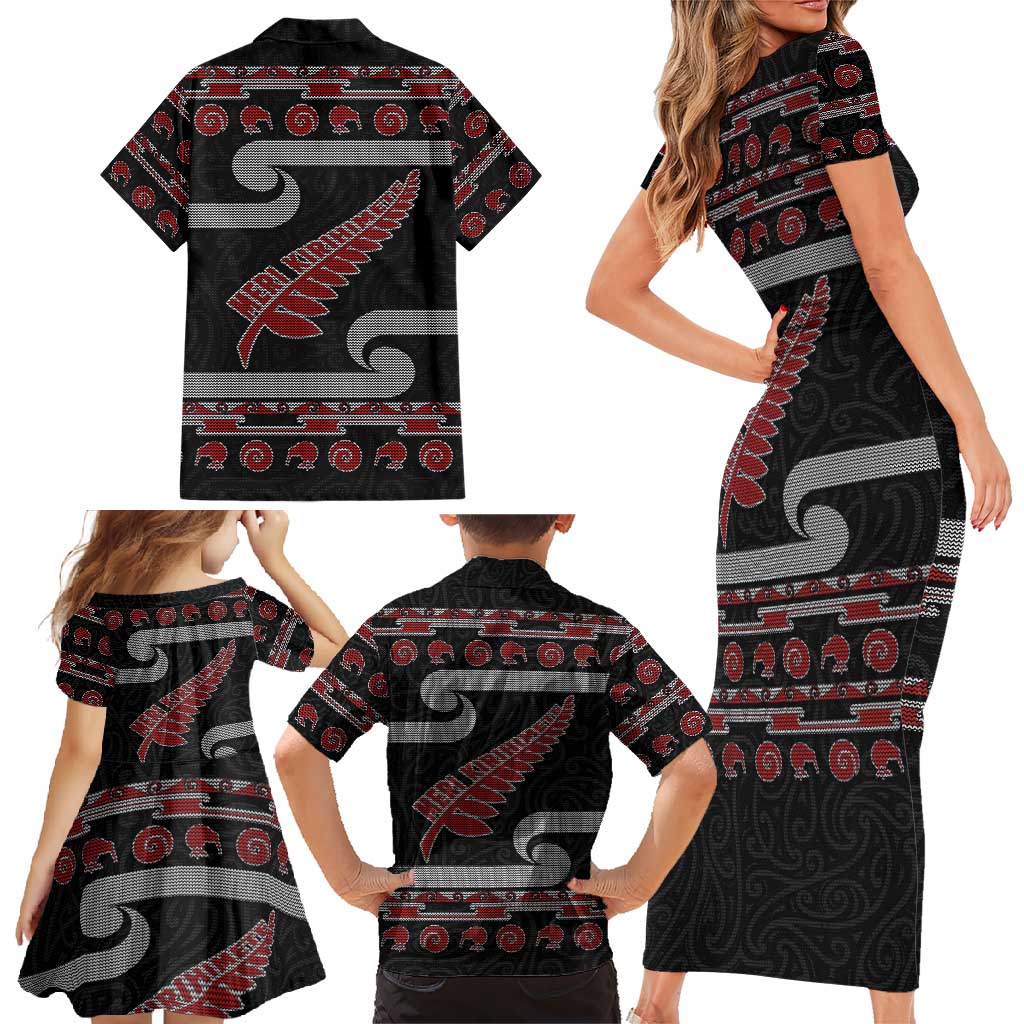 New Zealand Christmas Family Matching Short Sleeve Bodycon Dress and Hawaiian Shirt Meri Kirihimete Silver Fern Knit Style Red Color - Polynesian Pride