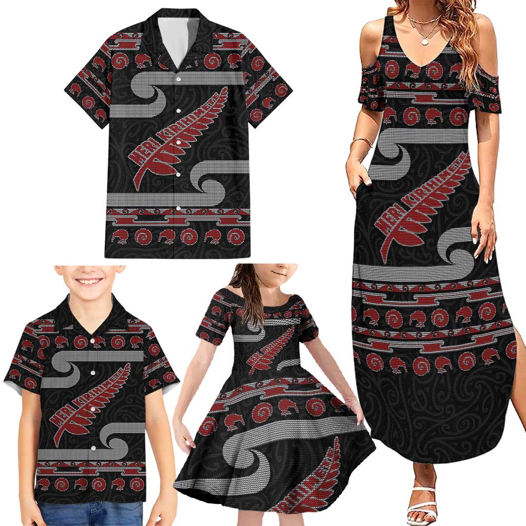 New Zealand Christmas Family Matching Summer Maxi Dress and Hawaiian Shirt Meri Kirihimete Silver Fern Knit Style Red Color - Polynesian Pride